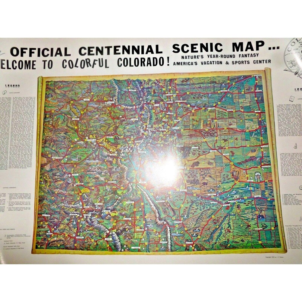Vintage 1959 Official Centennial Scenic Map Welcome to Colorful Colorado Brewer